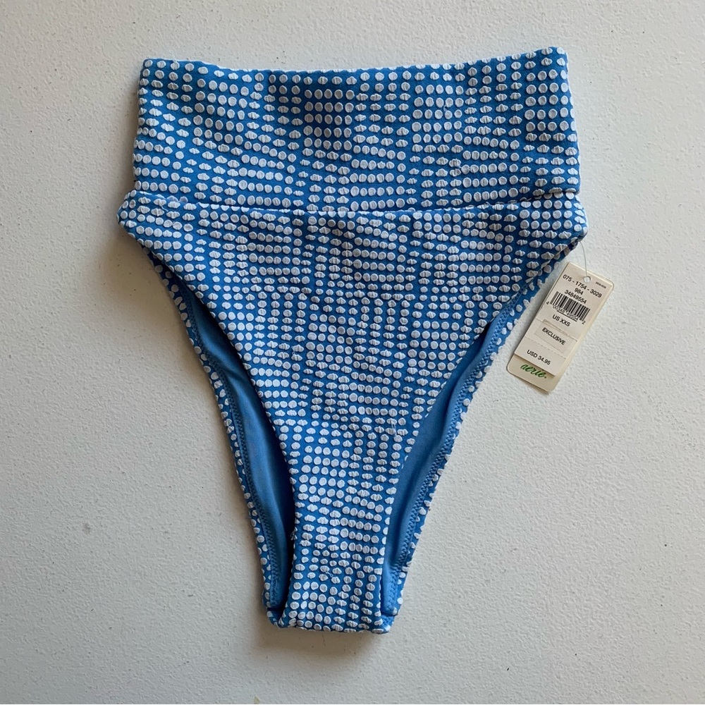 Aerie High Cut Cheeky Bikini Bottom Size XXS Blue & White Jacquard Dot Print NWT
